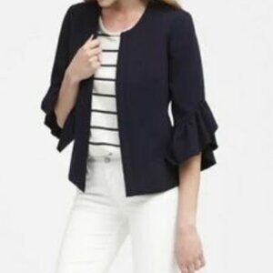 Banana Republic Ruffle Bell Sleeve Flounce Blazer Jacket 3/4 sleeve Navy Blue 8